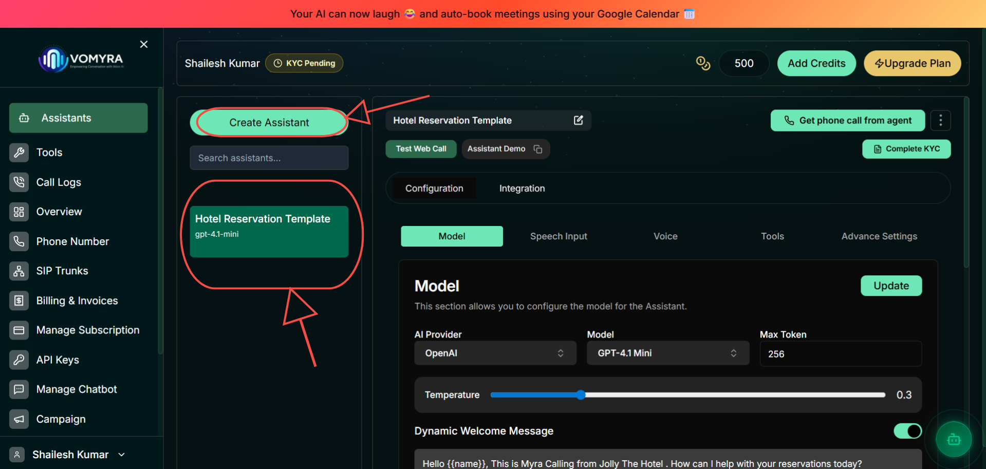 Vomyra dashboard with Create Assistant button and assistant list highlighted